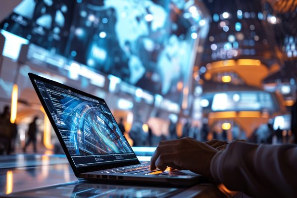 Person using laptop, bright lights